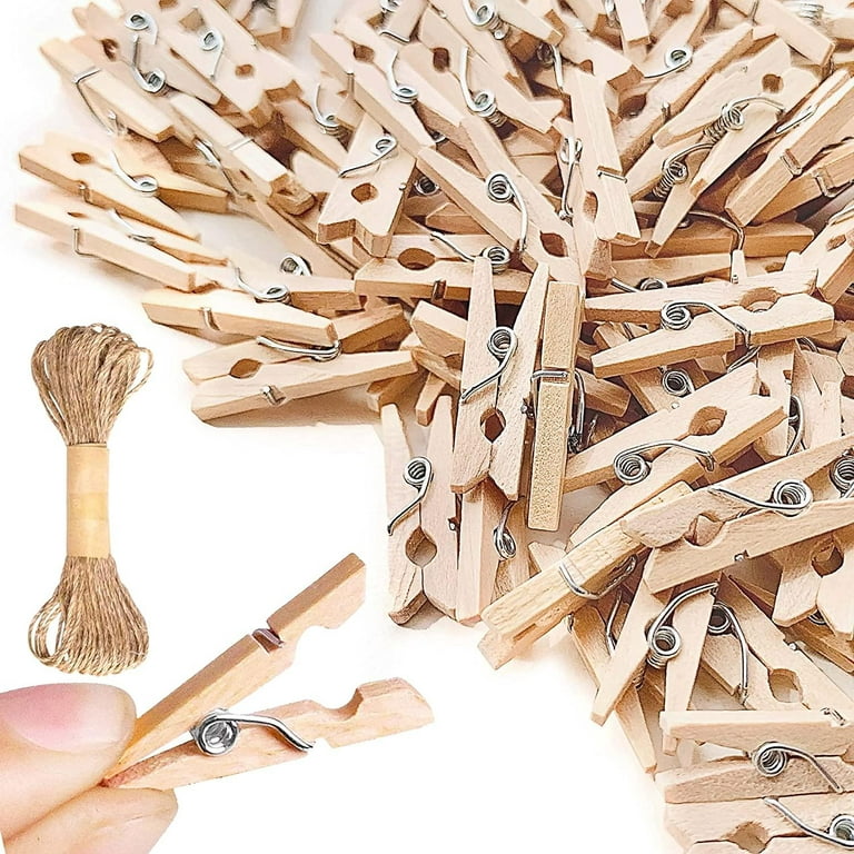 150 PCS Mini Clothespins, Mini Clothes Pins for Photo Natural Wooden Small  Picture Clips for Crafts 1 Inch (2.5 cm）Tiny Pegs with Jute Twine String
