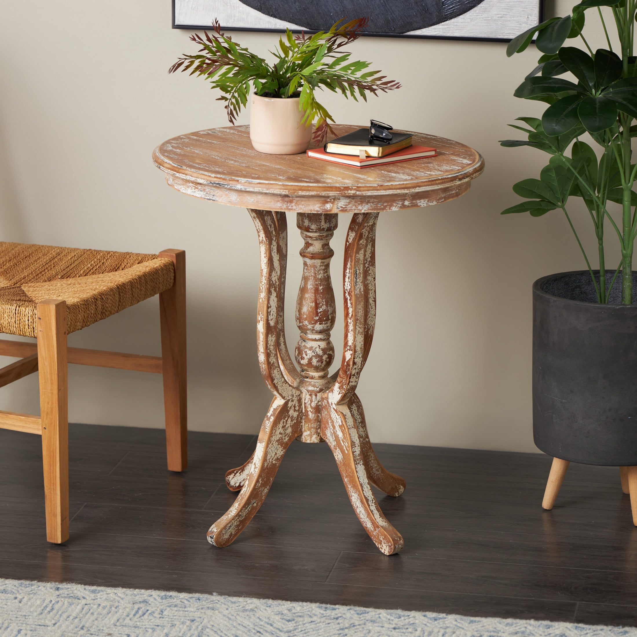 DecMode 24" x 28" Brown Wood Accent Table with Distressed Accents, 1-Piece