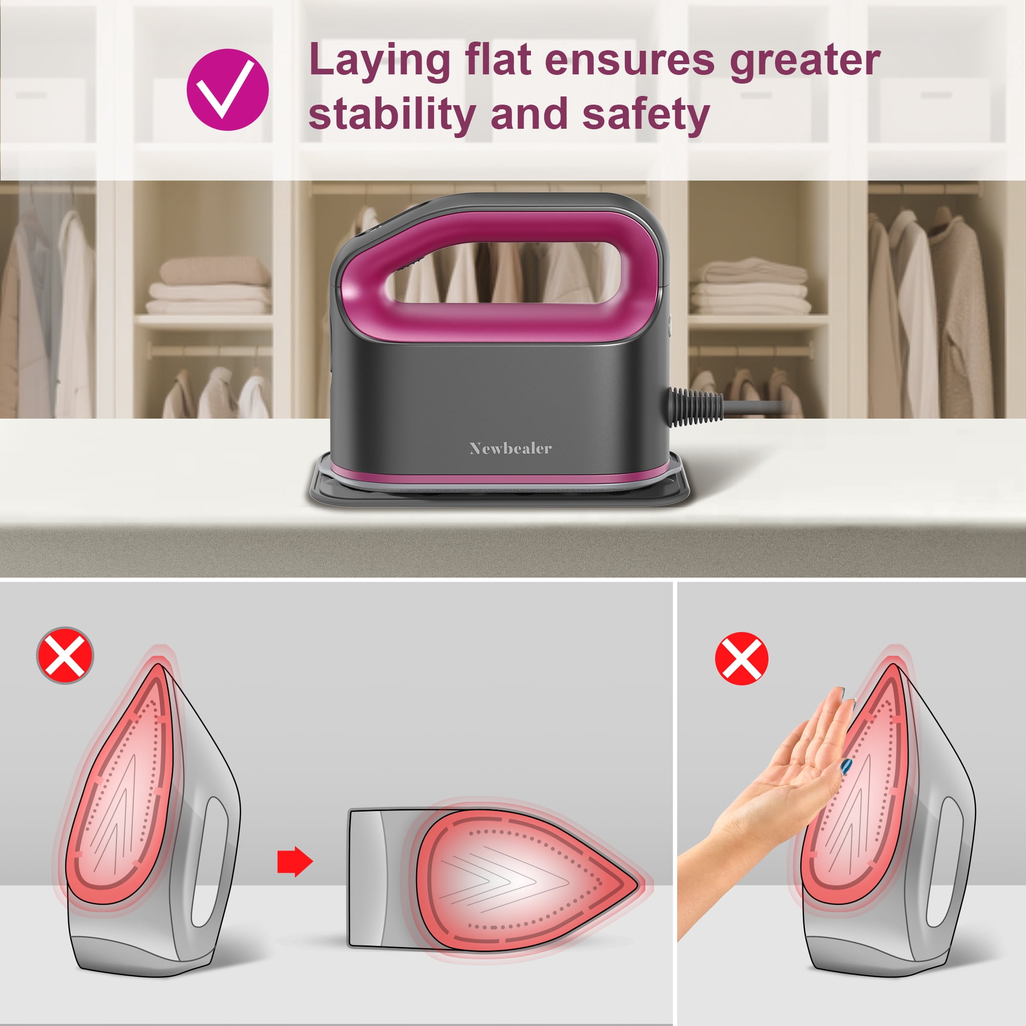 Newbealer Travel Steam Iron,1200W Handheld Steamer for Clothes,3 Levels Steaming&Dry Ironing,Low-temperature protective panel,Drip-free tank,Self-Cleaning