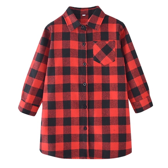 HBFAGFB Girls Shirts Lapel Button Down Plaid Long Sleeve Tops Casual Coats with Pocket Red Size 150