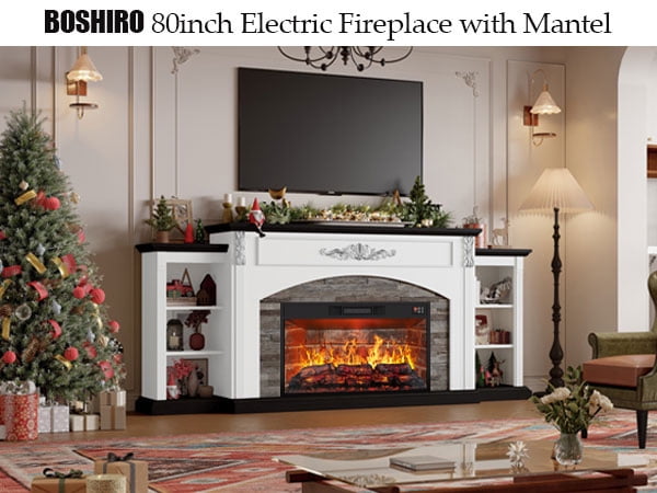 BOSHIRO 80" Electric Fireplace with Mantel and Cabinets, Fireplace TV Stand for Living Room Bedroom