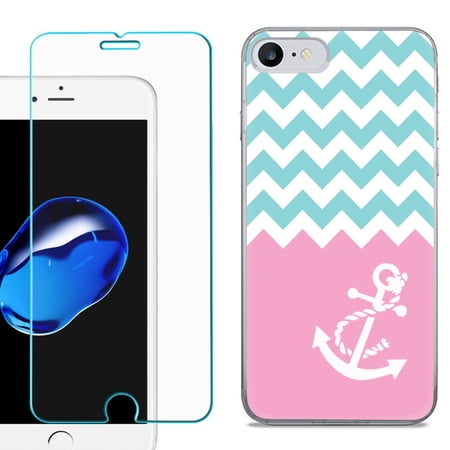 For Apple iPhone 7 / iPhone 8 Case, Slim-Fit TPU Phone Case, with Tempered Glass Screen Protector, by OneToughShield ® - Chevron/Teal/Anchor