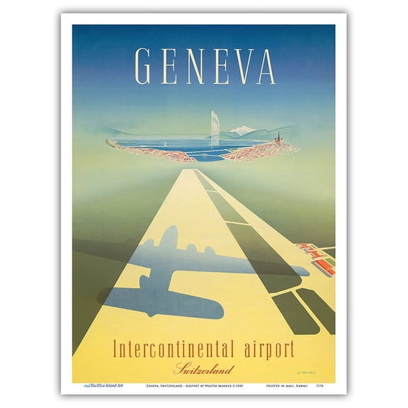 Geneva Switzerland - Intercontinental Airport - Vintage Airline Travel Poster by Walter Mahrer c.1949 - Master Art Print (Unframed) 9in x 12in