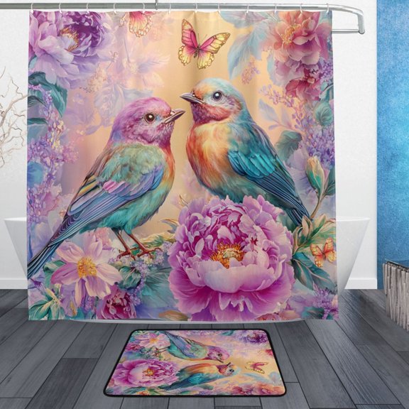 BZSMCE Shower Curtain and Bath Accessory Set,Cute Birds and Flowers Pattern