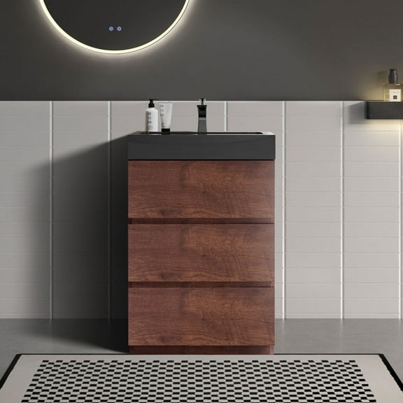 CITTANEO 24 Inch Bathroom Vanity with Black Sink, Modern Bathroom Cabine in Walnut