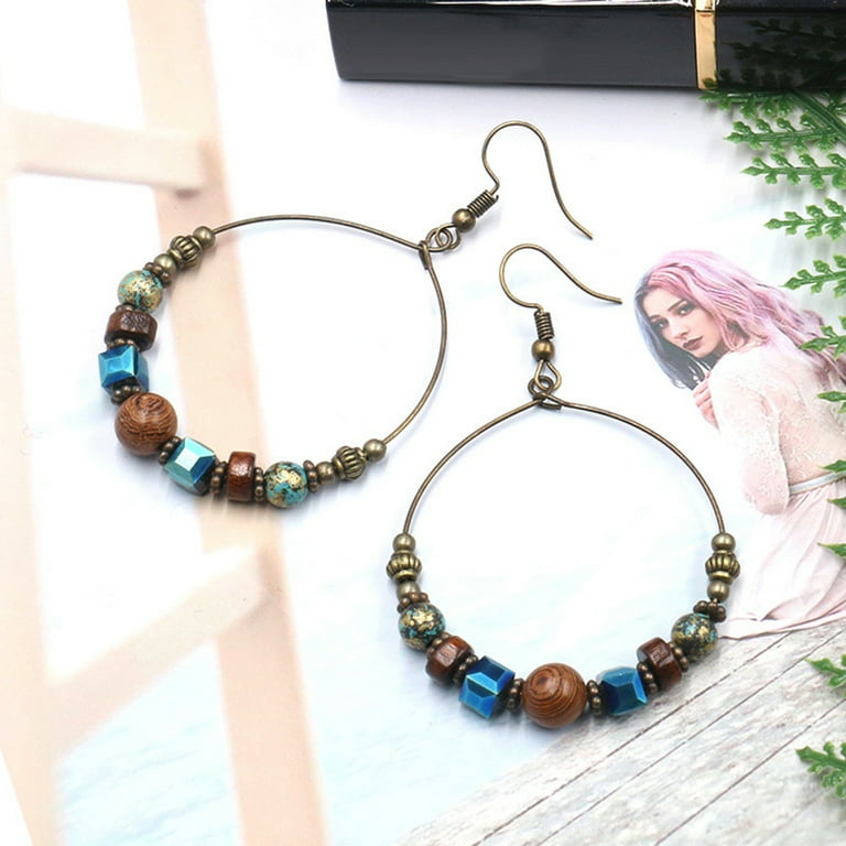 WSP_Bohemian Big Circle Wooden Beads Hook Earrings Women Ethnic Faux  Turquoise Jewelry