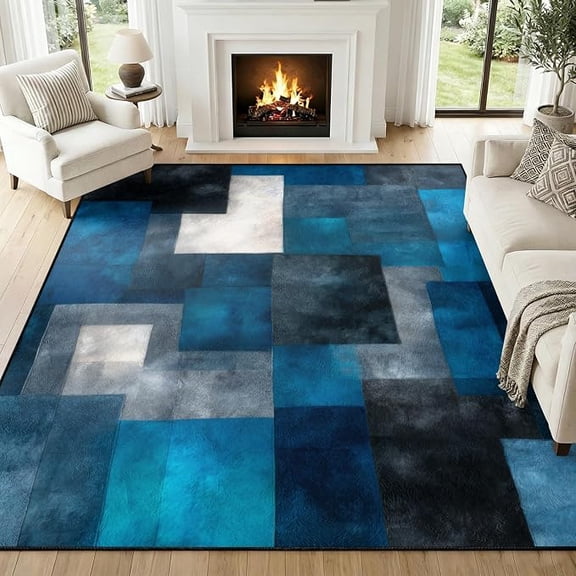 Geometric Area Rug, Modern Abstract Area Rug for Living Room Navy Blue Patchwork Geometric Carpet Washable Non-Slip Rugs for Bedroom Kitchen 5 x 6ft