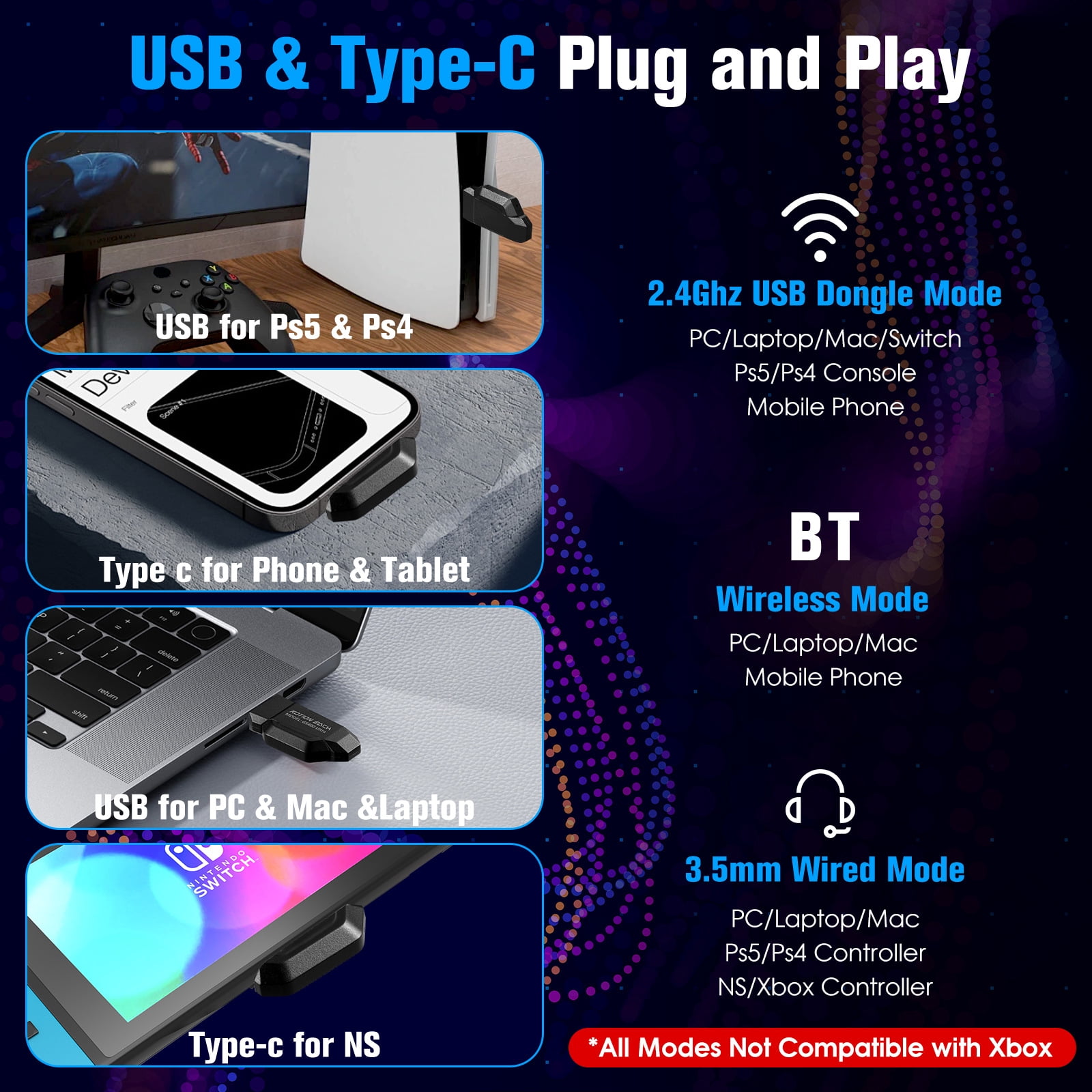 2.4GHz Wireless Gaming Headset for PC PS5 PS4, Ultra-Low Latency USB-C Dongle Gamer Headphones with Microphone, Bluetooth 5.3 & 3.5mm Wired Mode Gaming Headset for Switch Mobile Mac Laptop