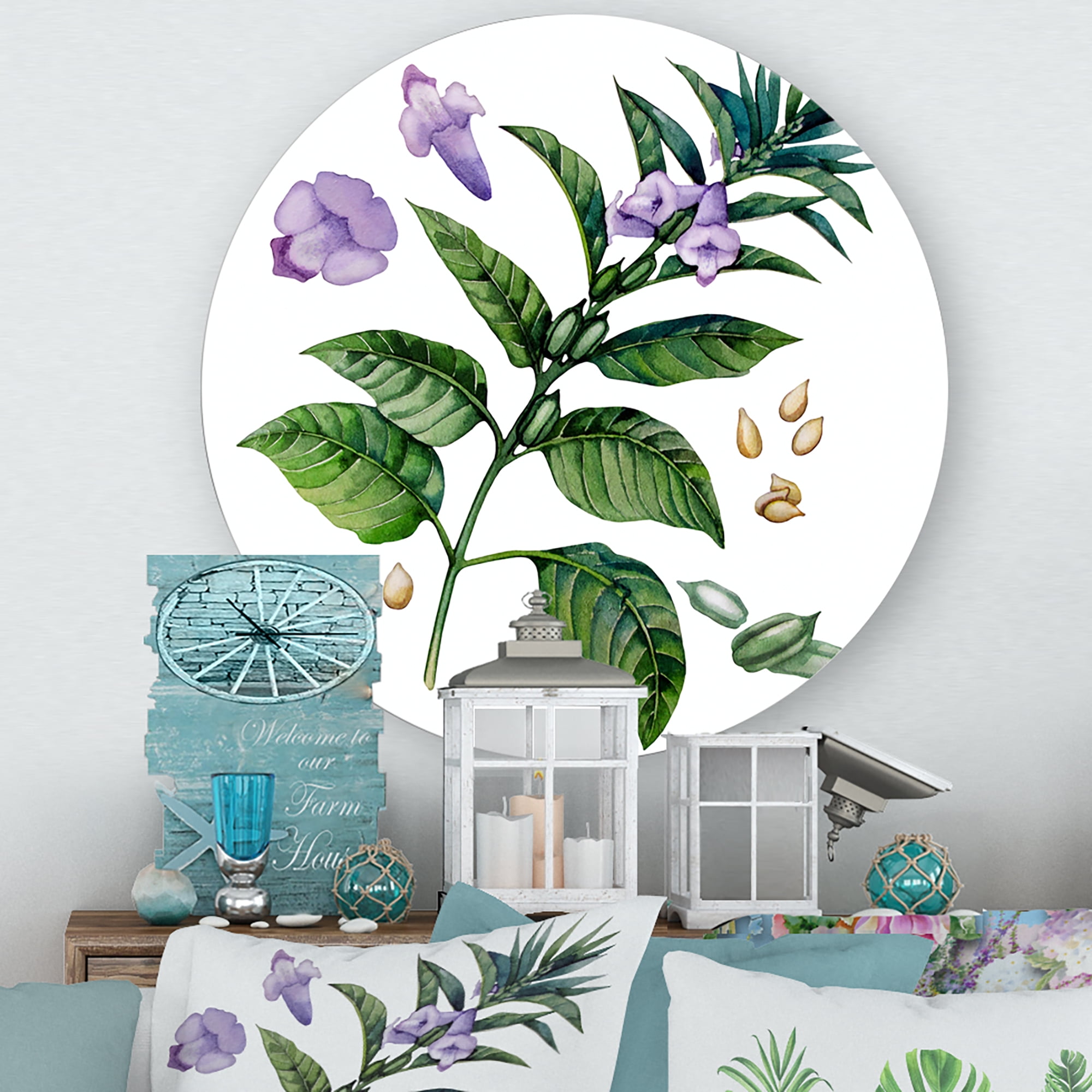 Designart 'Purple Sesame Flowers WIth Green Leaves On White' Traditional Circle Metal Wall Art 11x11 - Disc of 11