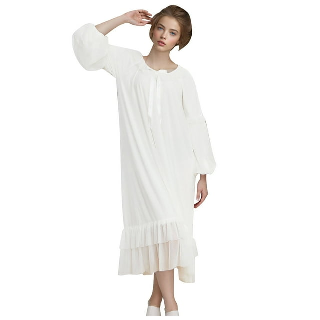 Chemise de Nuit à Manches Longues pour Femmes Grande Taille Confortable Coupe Ample Mignon Nœud Dentelle Pyjama Chemise de Nuit Double Col Rond Robe de Maison