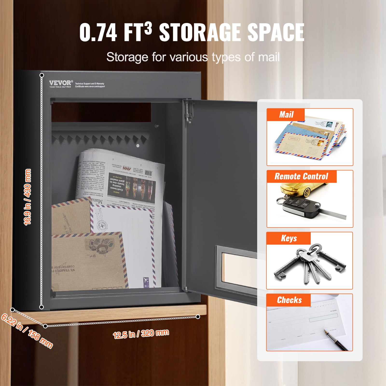 VEVOR Through The Wall Drop Box, Heavy Duty Steel Through The Wall Mailbox with 2.8-7.9" 13" Combination Lock, 12.5x6.3x16.9 Mail Drop Box, Dark Gray