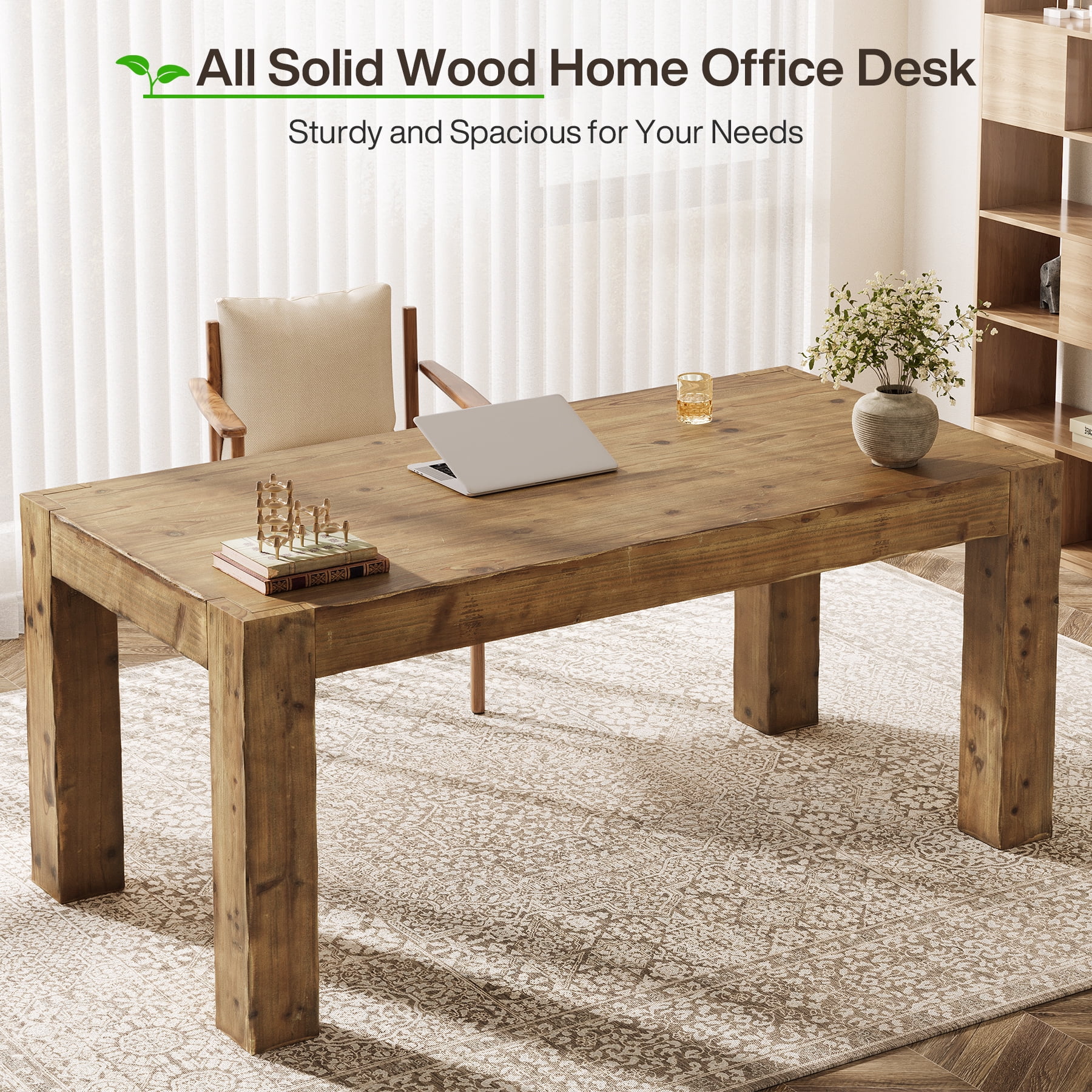 Tribesigns Solid Wood Executive Desk, 63-Inch Real Wooden Home Office Computer Desk, Farmhouse Writing Study Table Business Workstation for Home Office, Brown
