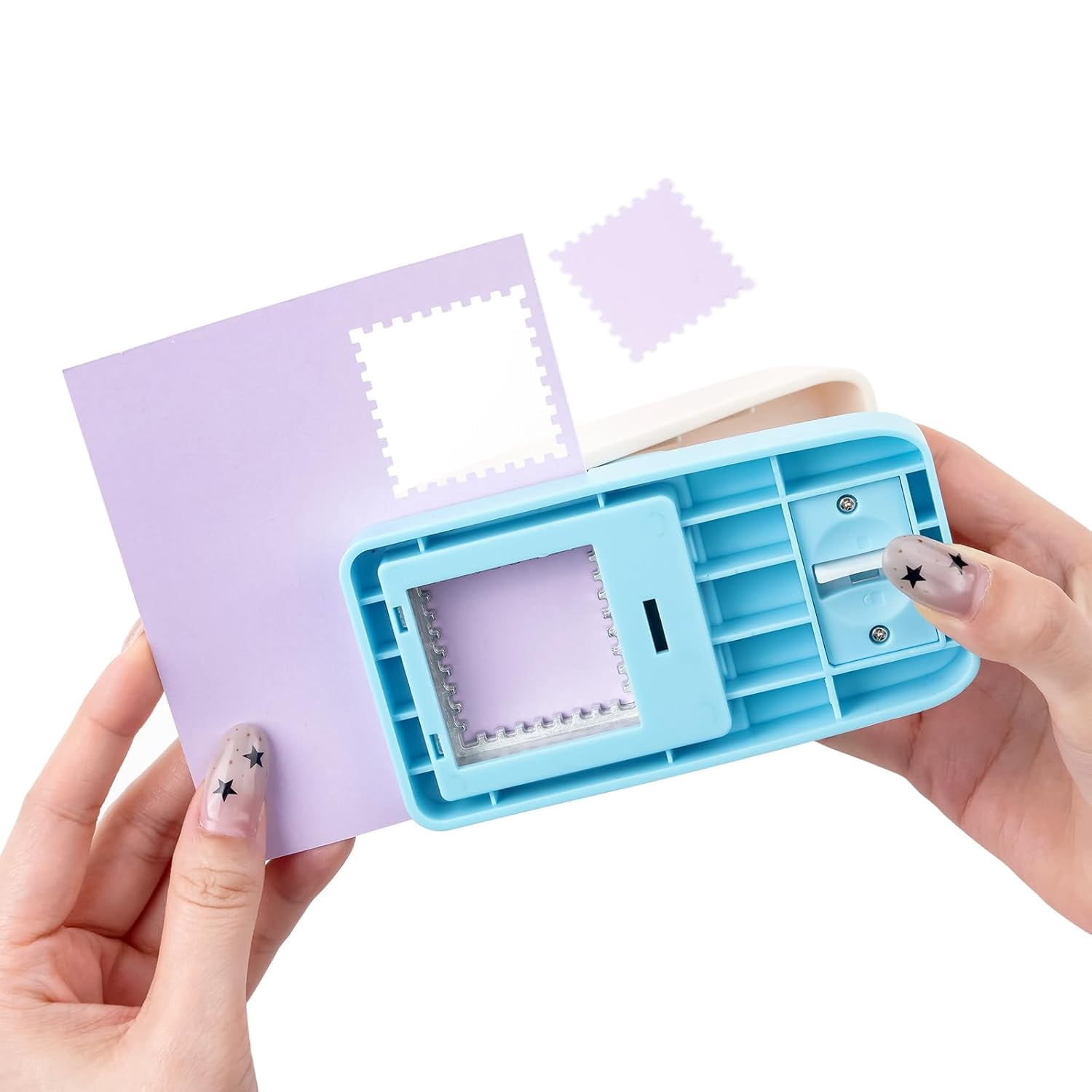 Niuxa Stamp Puncher 1.5x1.5inch Large Square Postage Stamp Punch |Stamp Hole Puncher| Scalloped Rectangle Lever Action Paper Punches for Crafting Scrapbooking DIY Card Making Arts Crafts Supplies