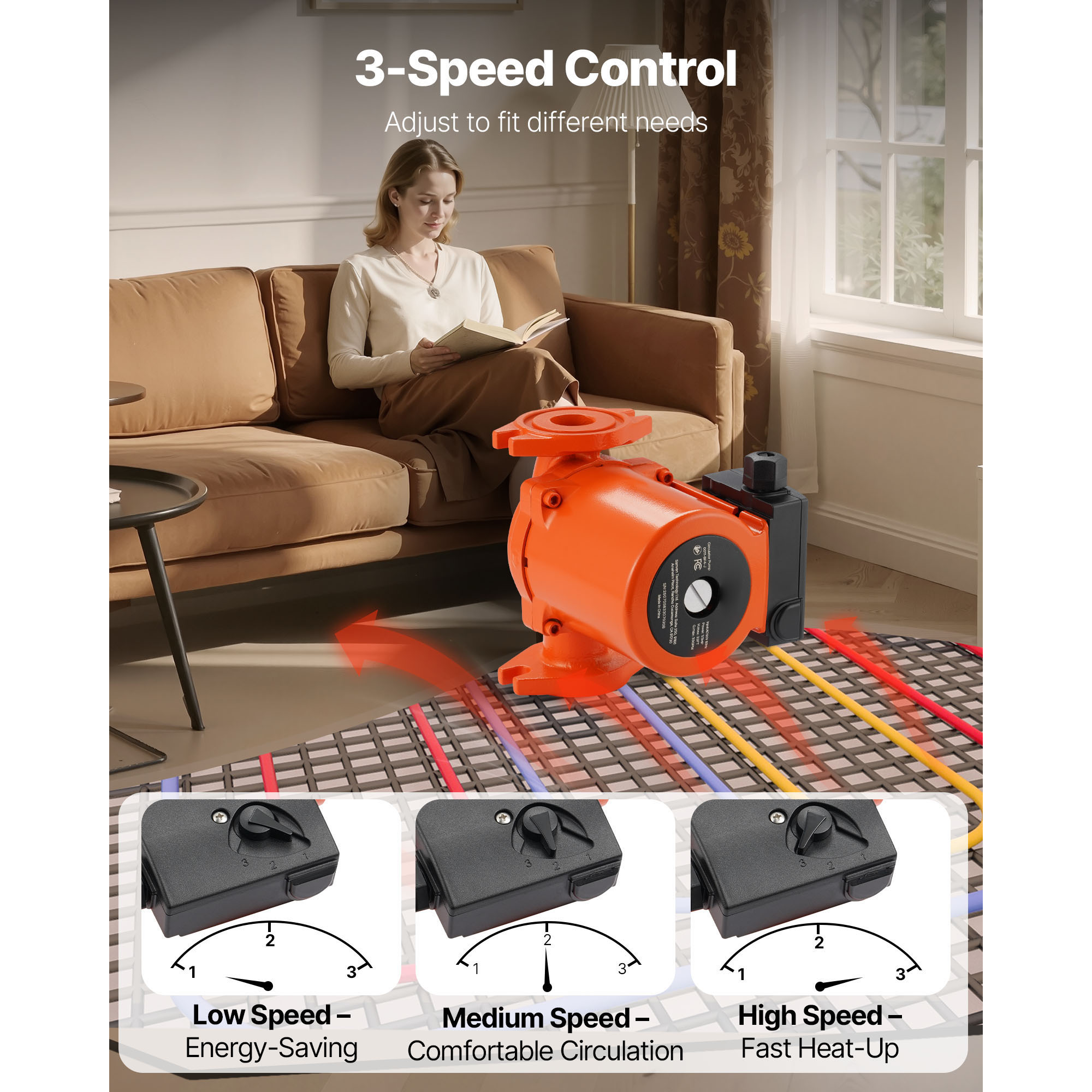 KFFKFF Cast Iron Circulator Pump, 33 GPM, AC 120V, 33 ft Hot Water Recirculation Pump, 1-1/4 in Flange Connection, 3-Speed Settings, Low-Noise Design, Suitable for Home Heating Systems