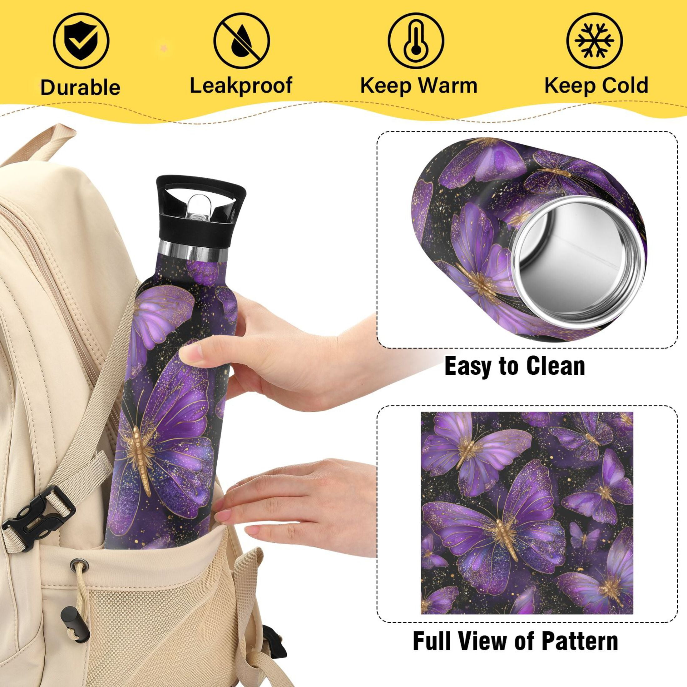 600ML Stainless Steel Insulated Cup Sports Water Bottle Portable Thermos Cup Water Glasses Insulated Tumblers Convenient and Durable Purple Butterflies