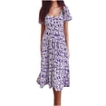 thumbnail image 2 of Puntoco Vestido De Manga Corta Con Cuello En V, Estampado Floral Informal Para Mujer, Manga Abullonada, Lazo Fruncido, Sin Espalda, En Capas, Morado M, 2 of 9