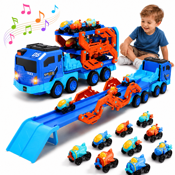 JoyStone 10-in-1 Foldable Carrier Truck Toy with 9 Mini Race Cars, Space Transport Truck with Lights & Sounds, Long Slide Track Playset for Toddlers Boys Girls Ages 3-8 Birthday Gift