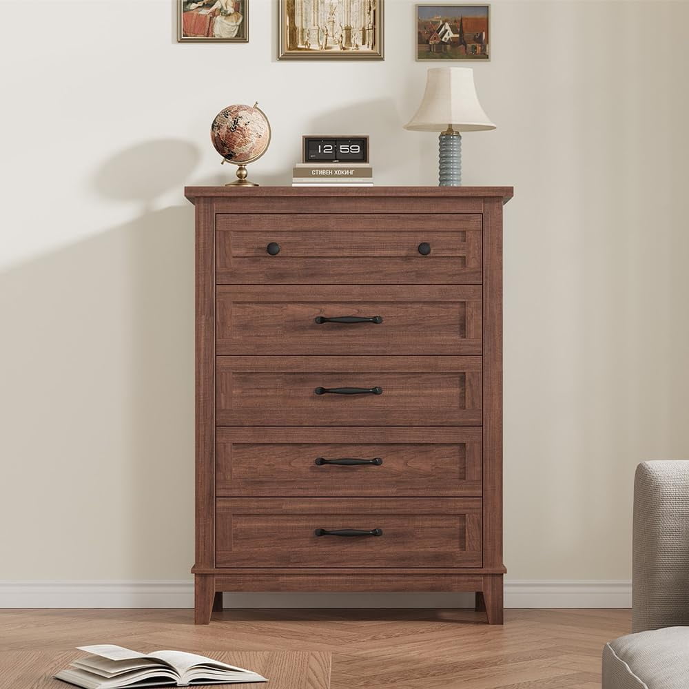 QinaQin 5 Dresser for Bedroom,Vertical Drawer Dresser with Large Storage,Freestanding Wooden Closet Chest for Bedroom,Living Room,Brown