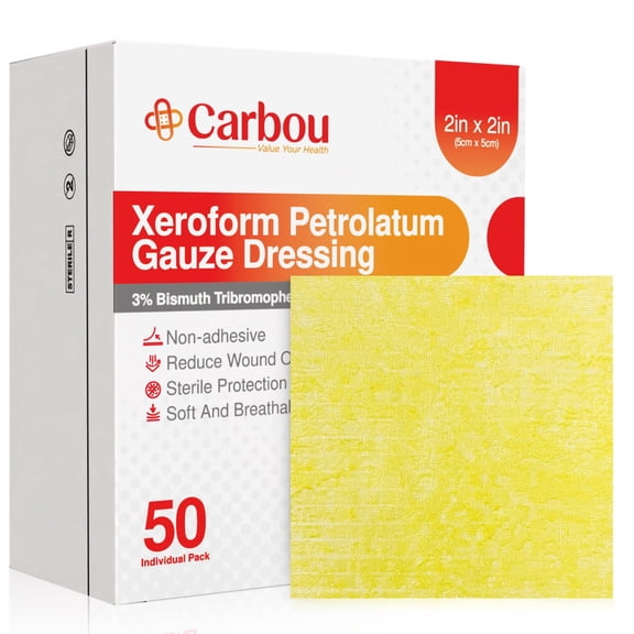 Carbou Xeroform Petrolatum Dressing Non-Adherent Gauze Pads 2"x2", 50pcs lndividual Pack