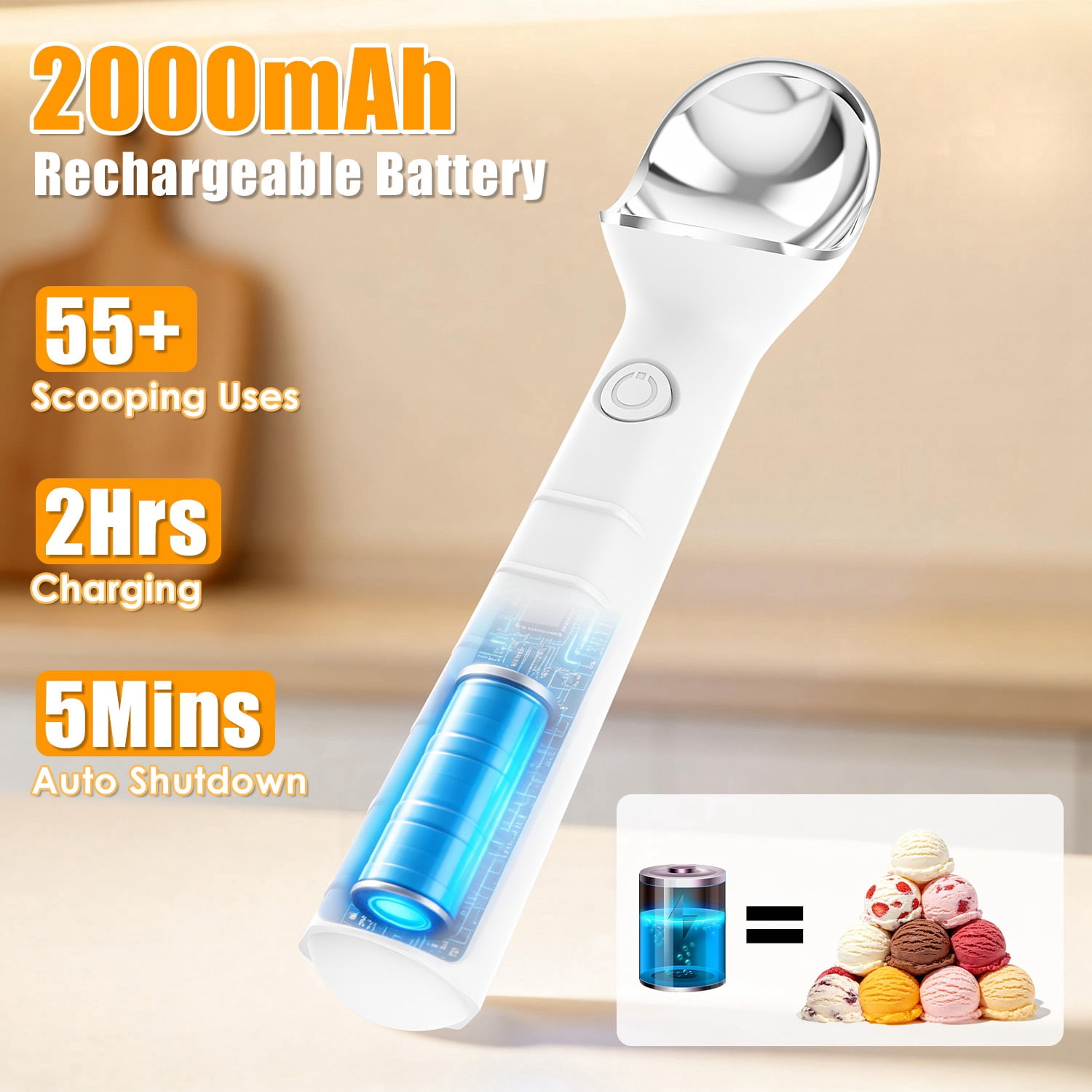 Rechargeable Heated Ice Cream Scoop 45s Fast Heating Up to 158°F, 2000mAh Cordless Self Heating Ice Cream Scooper with 5 Mins Auto Shutoff, Non-Stick Scoop for Gelato Frozen Yogurt Café Home Party