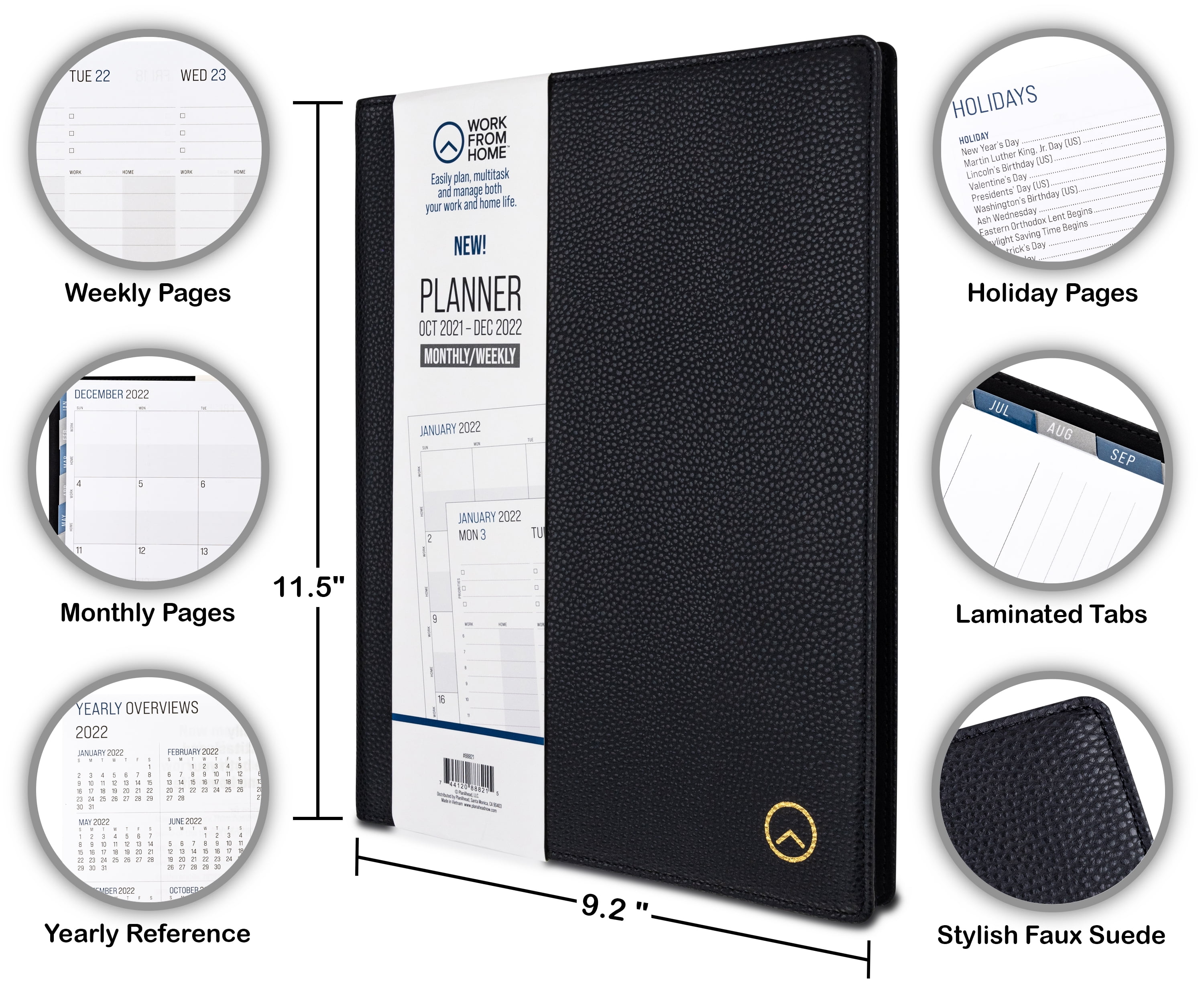 Work From Home Monthly/Weekly Planner, October 2021-December 2022, 8.25x10.25 Black