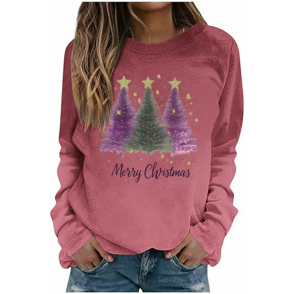 asdoklhq Christmas Christmas Tops for Women Christmas Gradient Print Loose Casual Long Sleeve Round Neck Hoodless Straight Shoulder Sweatshirt Hoodless Sweatshirt Pink L