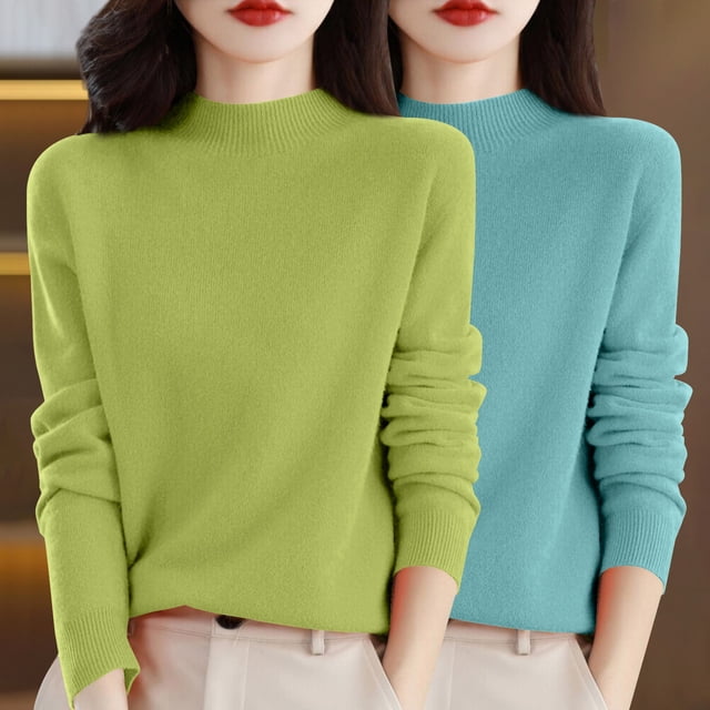Chandail à Col Rond pour Femmes, Automne et Hiver, 2 Pcs, Couleur Unie, Doux et Confortable