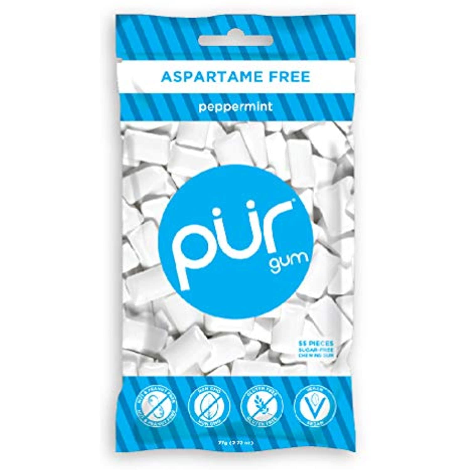 Pur 100% Xylitol Chewing Gum, Sugarless Peppermint, Sugar Free + Aspartame Free + Gluten Free, Vegan & Keto Friendly - Healthy, Low Carb, Simply Pure Natural Flavored Gum, 55 Pieces (Pack Of 1)