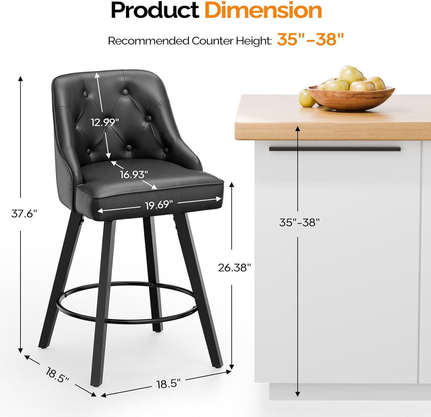 VINGLI 26" H Swivel Barstools Set of 2, Linen Fabric Upholstered Counter Stool with Back, Kitchen High Chairs Counter Height Bar Stools with Cushion, Solid Wood Legs, Beige