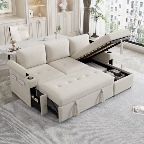 LQLI Modern 83.5" L-Shaped Sectional Sofa with Pull-Out Sleeper Bed, USB Ports & Cup Holders, Chenille 3-Seat Couch with Storage Chaise Lounge, Side Pocket & Drawers for Living Room