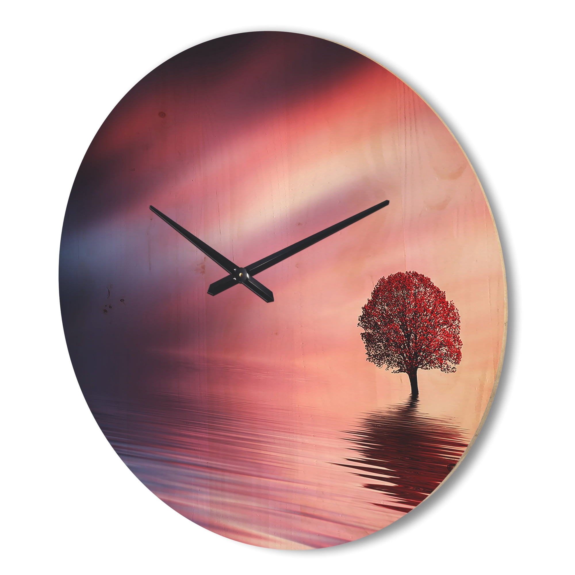 Designart 'Astonishing Lonely Red Floral Tree In Lake' Modern Wood Wall Clock