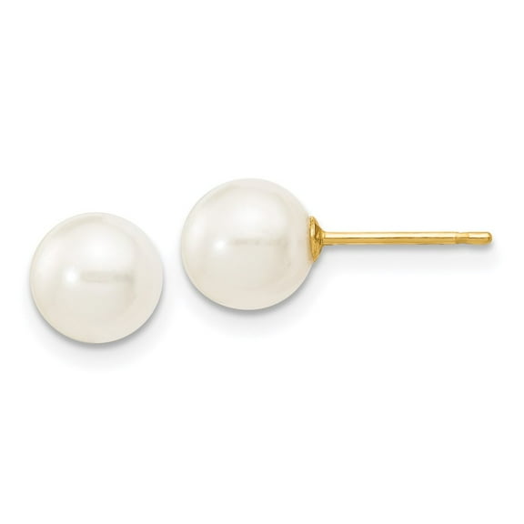 Real 14kt Yellow Gold 6-7mm White Round Freshwater Cultured Pearl Stud Post Earrings; for Adults and Teens; for Women and Men