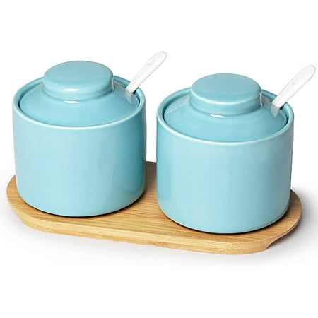 

Ceramic Sugar Bowl with Lid and Spoon Seasoning Box Salt Bowl with Tray Set of 2 8oz Turquoise