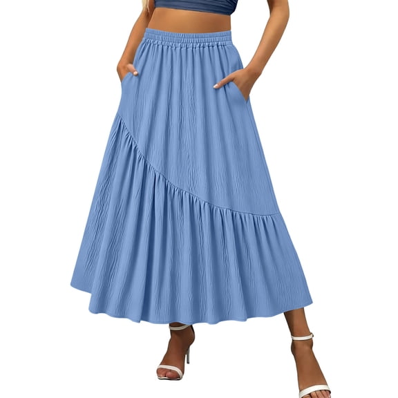 Lmueinov Women's Cotton Linen Asymmetric Tiered Elastic Waist Midi Skirt, Loose Casual Pocketed Skirt for Daily Vacation Wear S-2XL