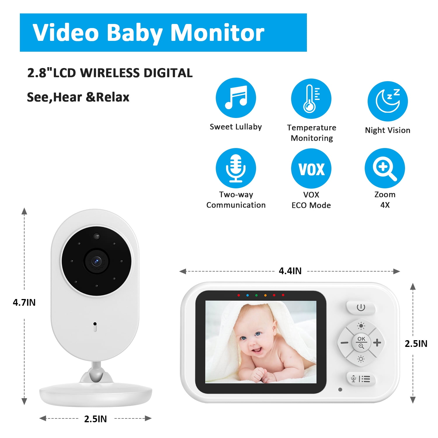 Askmuse 2.8" Baby Monitor with Camera and Audio, No WiFi Portable Baby Camera Monitor with Night Vision, VOX, Two-Way Talk, 6 Lullabies, Temperature Sensor, Plug and Play, for Travel, Room, Pet