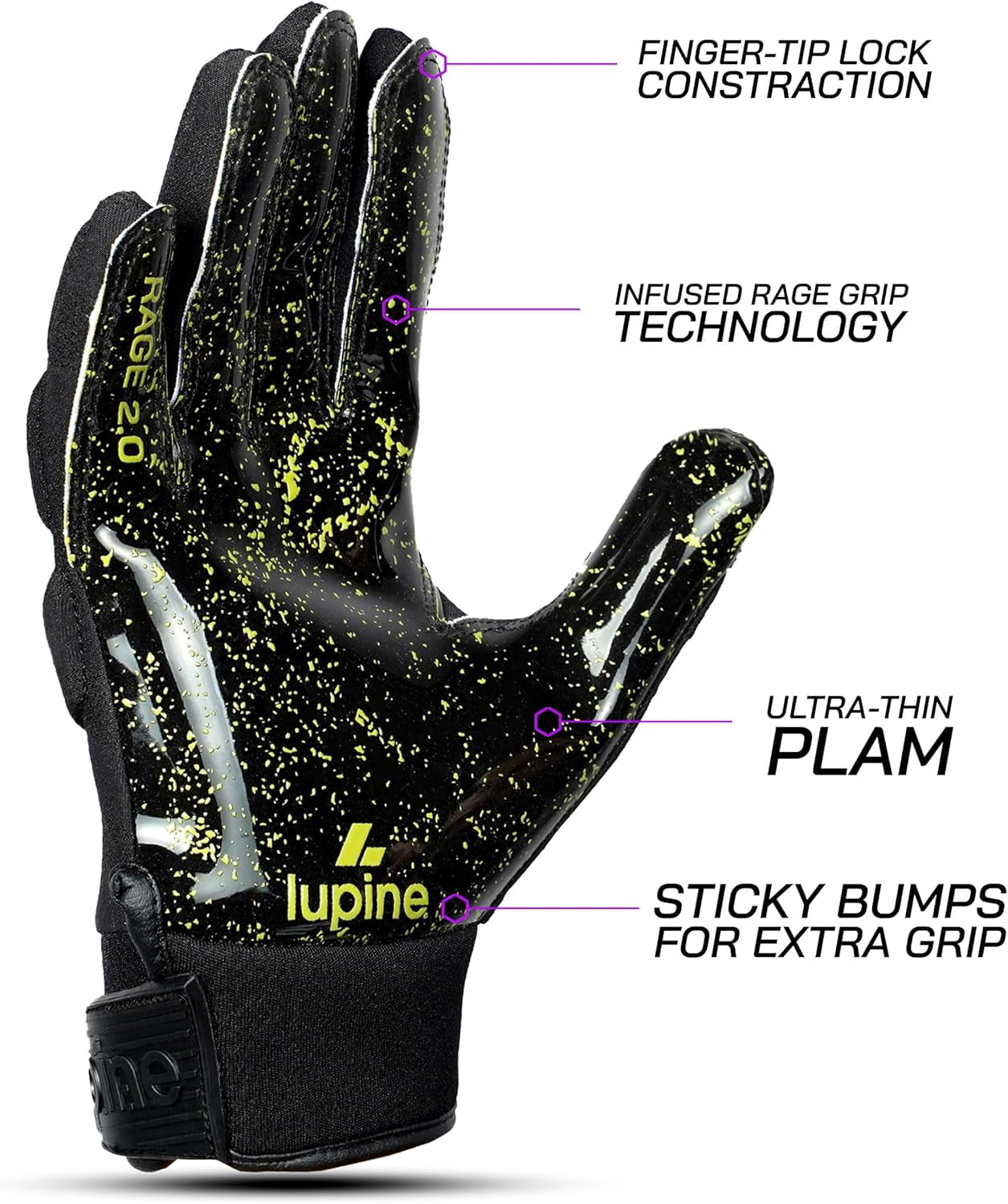 Lupine Rage R2 Youth Football Gloves – Padded Receiver & Lineman, Ultra Sticky Grip, Machine Washable, Boys & Girls, Black Adult Small