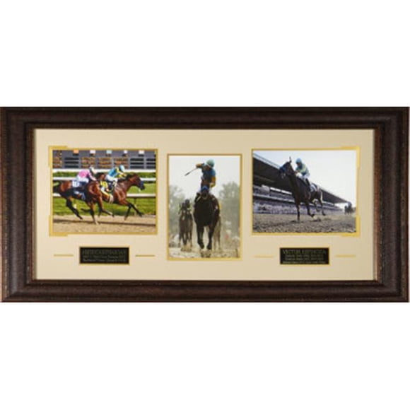 Athlon CTBL-A16668 Victor Espinoza Unsigned 3 Photo Triple Crown Leather Framed Kentucky Derby-Preakness-Belmont Stakes - 41 x 19
