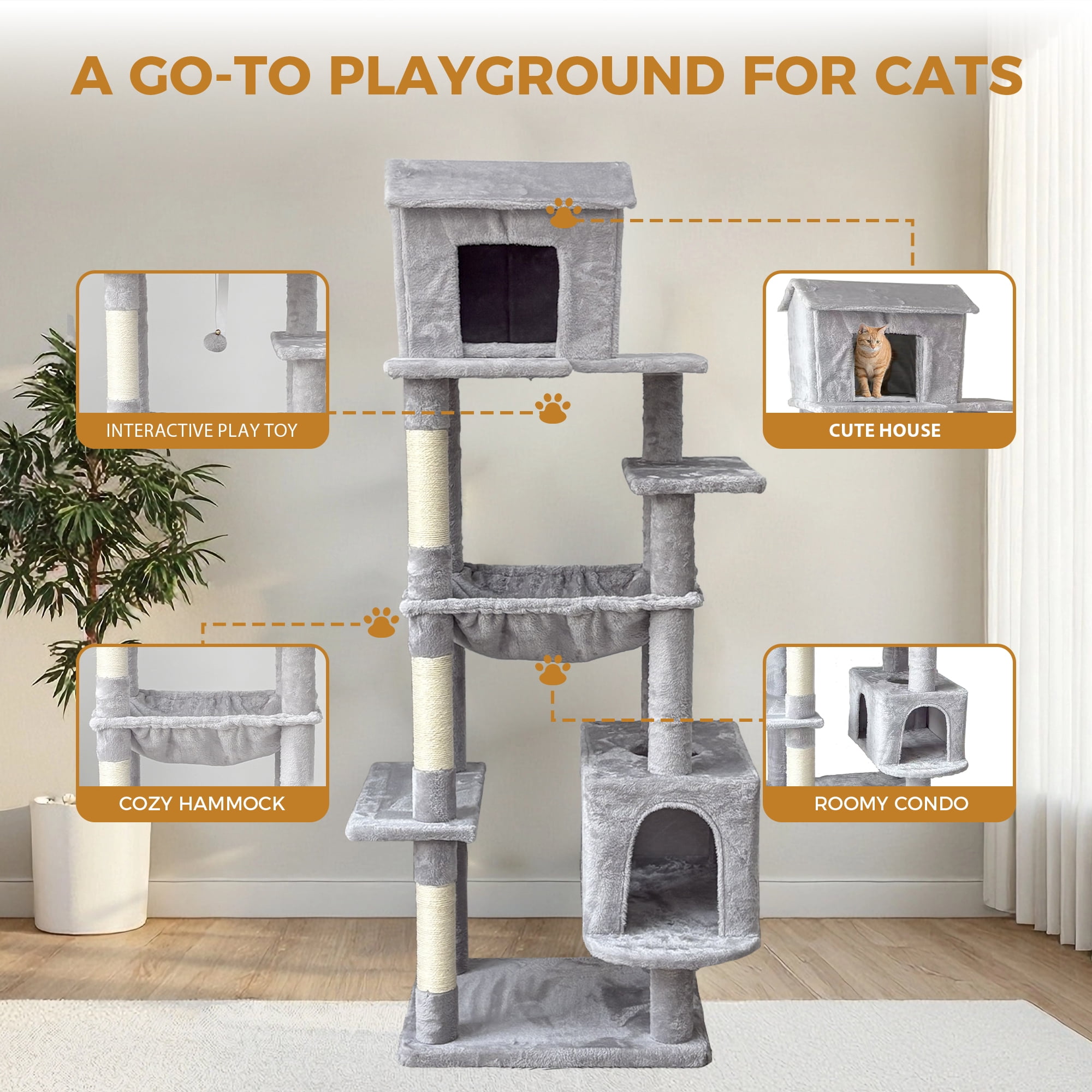 64in Cat Tree with Unique Cat House, Hammock, Scratching Posts - Plush Cat Tower for Indoor Cats, Ideal for Multiple Cats