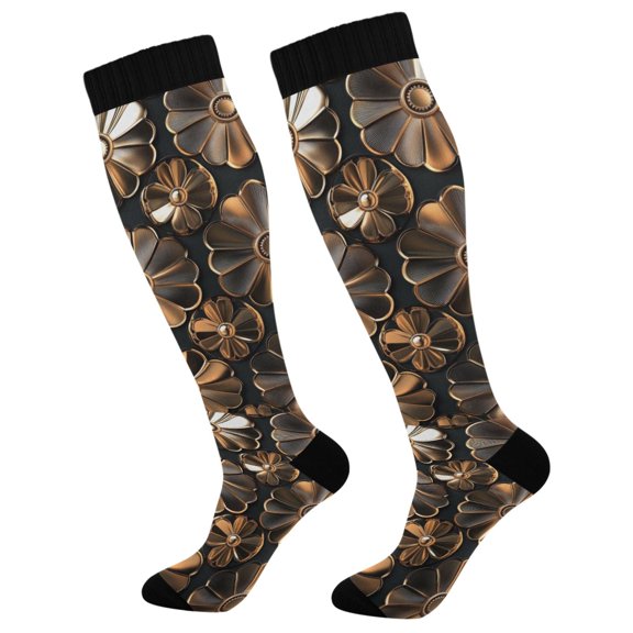 FORMRS Womens Knee High Socks Casual Long Thick Travel Daily Wear, 1 Pair, Metallic Flower