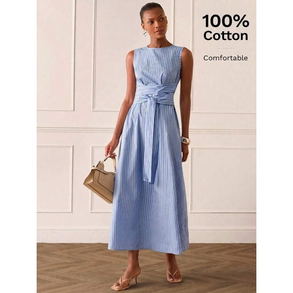 Elegant Sleeveless Blue And White Stripe Wrap Maxi Dress For Women