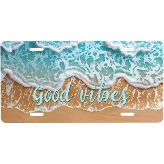 Cute Beach with Words License Plate, Decorative Car Front License Plate, Aluminum Novelty License Plates Vanity Tag Metal Car Plate for Women Men 6 X 12 Inch