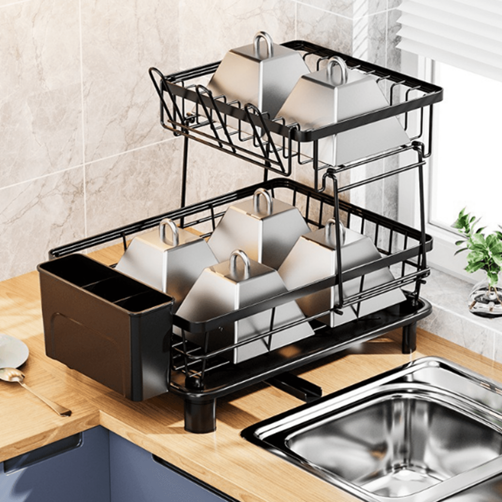 Bxaolu Dish Drying Rack - 2 Tier Small Dish Racks for Kitchen Counter with Drainboard, Utensil & Glass Holder, Small Dish Dryer Rack, Multifunctional Dish Drainer for Kitchen Organization, Black