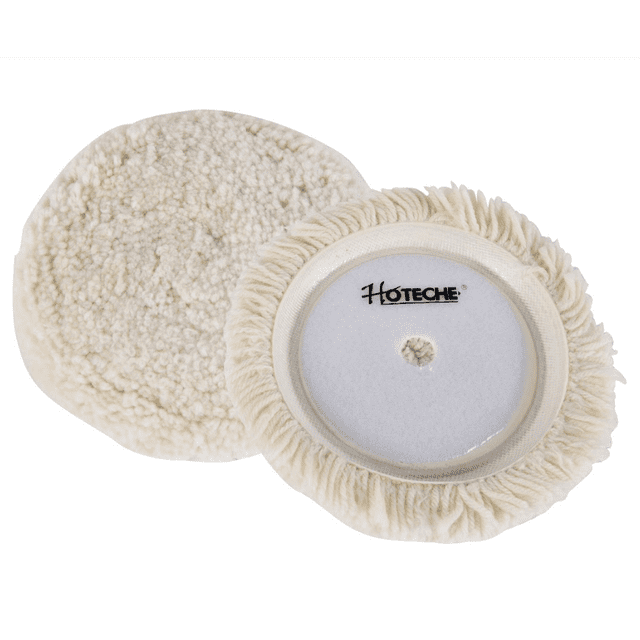 borla de lana con velcro 7'' 180mm hoteche blanca, disco para pulir o encerar con cara de lana mullida, reverso con base de velcro y abertura central con logo Hoteche; lavable y re-utilizable, diseñada para un acabado perfecto y brillante en pintura automotriz; adecuada también para pulir faros o zonas curvas.