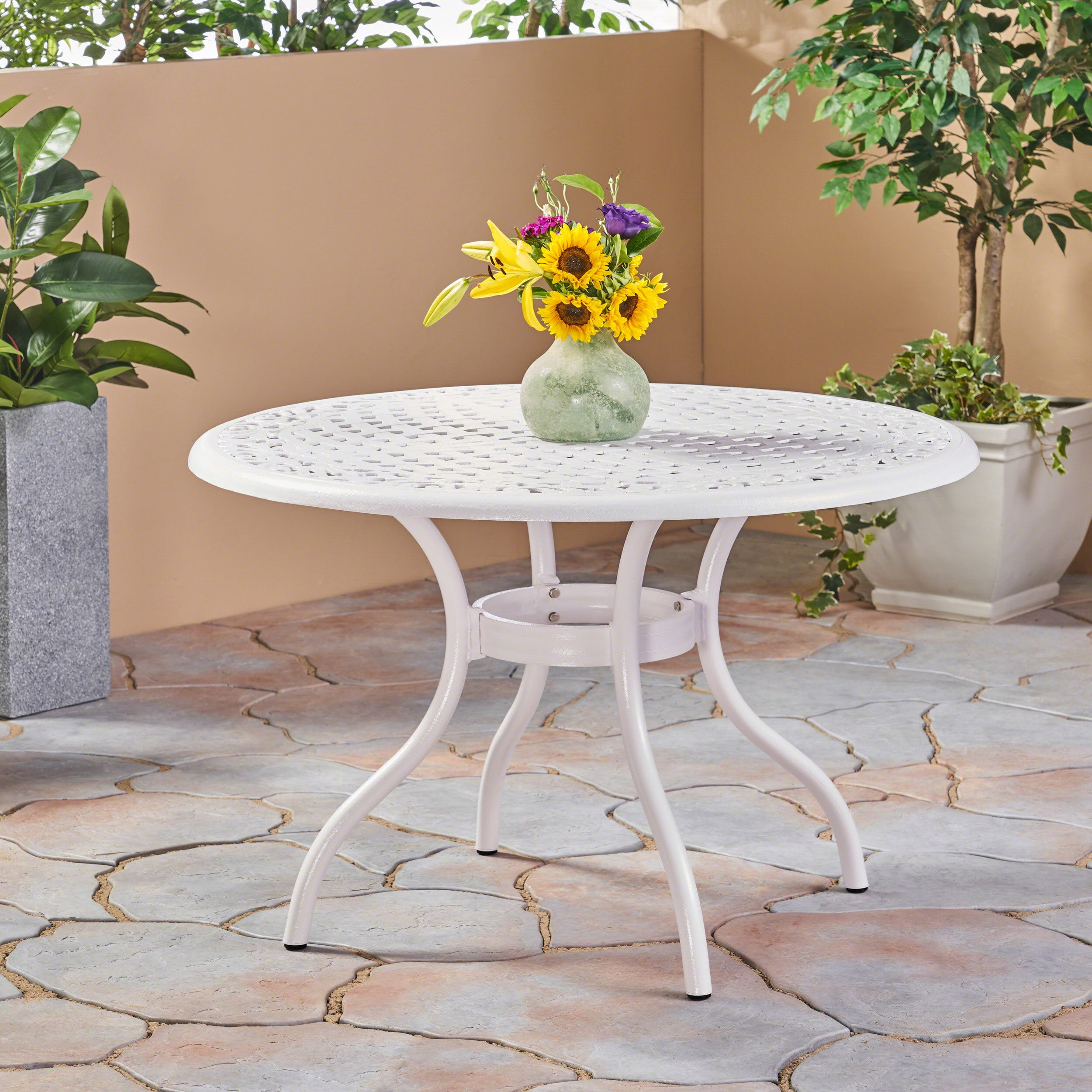 Outdoor Cast Aluminum Round Dining Table 48 Inch, Large Leisure Desktop for Patio Garden, White