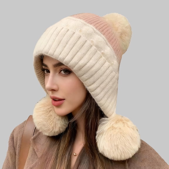 Outfmvch Warm Hats for Women Women Winter Peruvian Cover Ears Beanie Hat Ear Flaps Ski Snow Hats Knit Fleece Lined 3 Pom Pom Windproof Scarf Hat Beige One Size