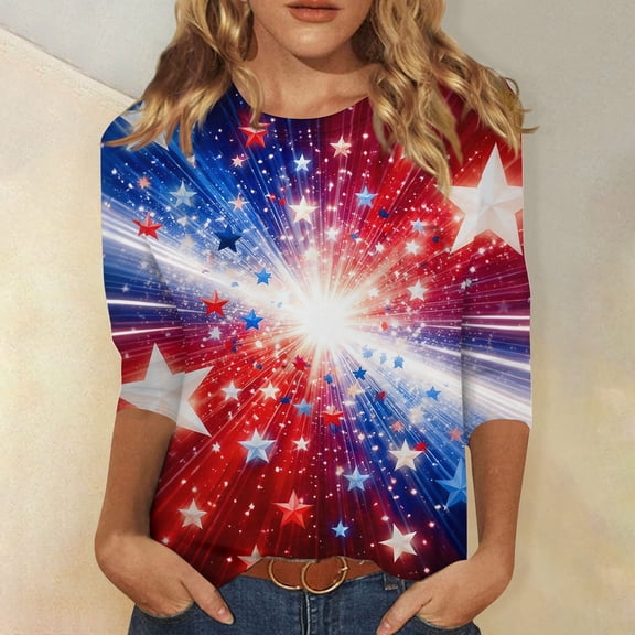 Hogleaql 250th Anniversary Usa Shirt for Women 3/4 Sleeve Crewneck Usa 1776-2026 T-Shirt American Flag Retro Graphic Patriotic Fashion Pullover Tops White L