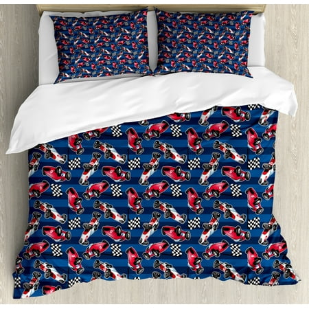Duvet Cover Queen Blue Cars Queen Size Duvet Cover Set, Vintage Racing Cars on Blue Stripes with Checkered Flags Automobile Sports, Decorative 3 Piece Bedding Set with 2 Pillow Shams, Navy Blue Red Black, by Ambesonne ()