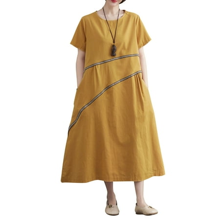 

OWSOO Women Loose Dress with Pockets Short Sleeved Casual Holiday Dress
