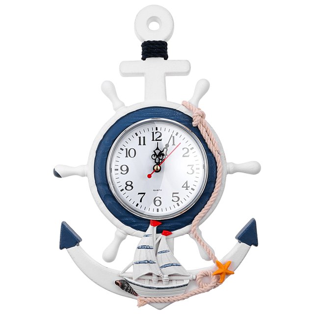 BESPORTBLE Mediterranean Style Anchor Clock Sea Theme Nautical Ship Wheel Hanging Clock Decoration