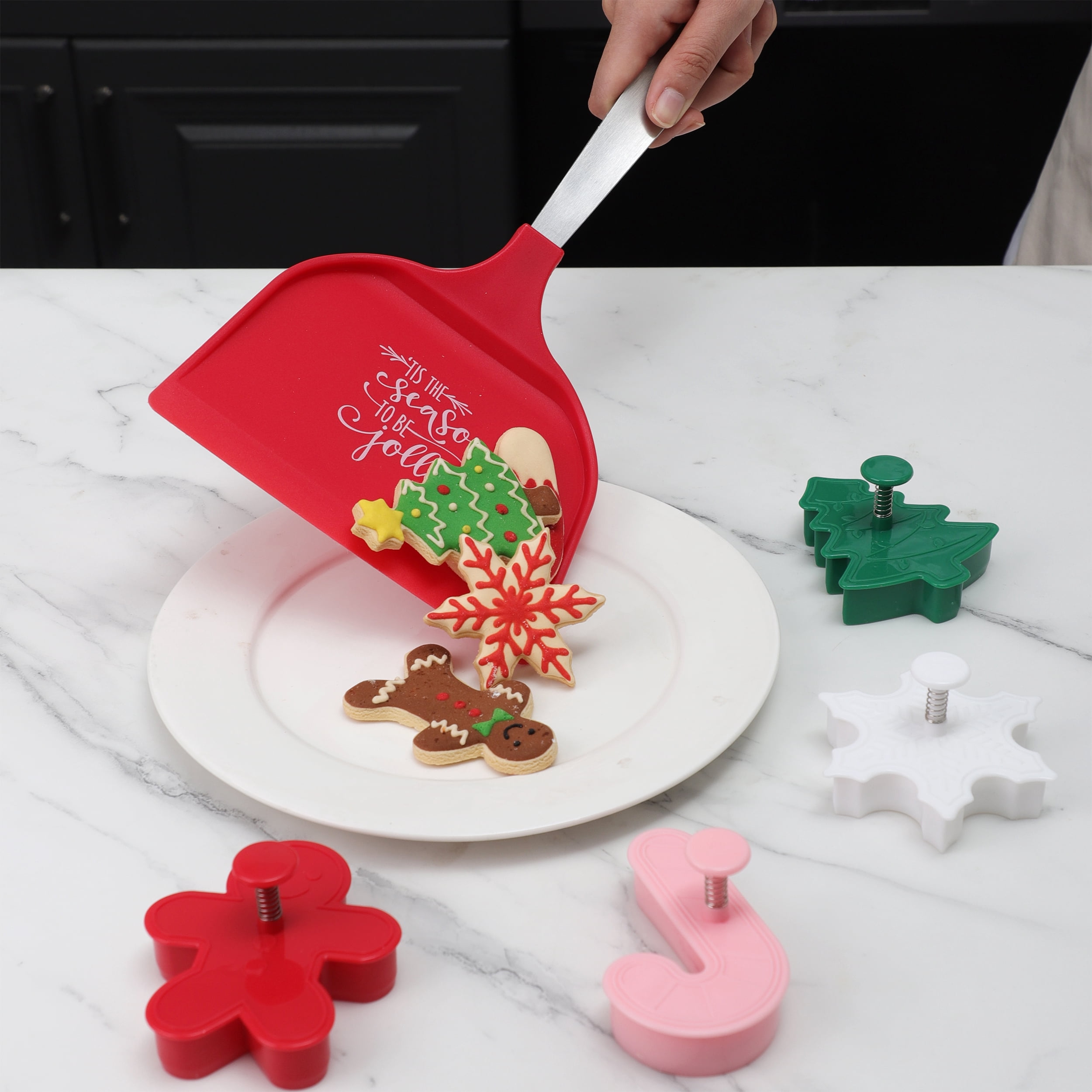 Cook With Color Red Nylon and Stainless Steel Cookie Shovel with 4 Plastic Cookie Stamps